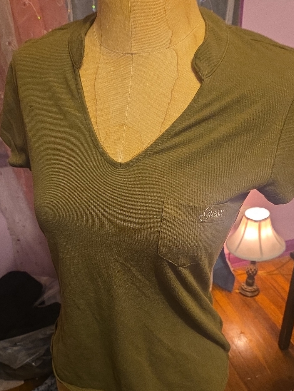 Guess Olive Green V-Neck Pocket Tee
